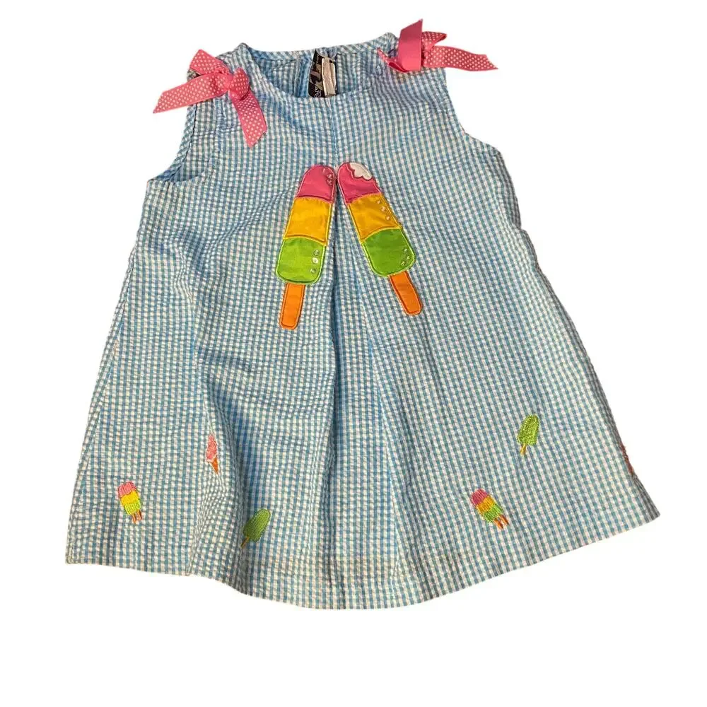 Rare Editions blue gingham ice cream embroidered tank shirt pant set SIZE‎ 6